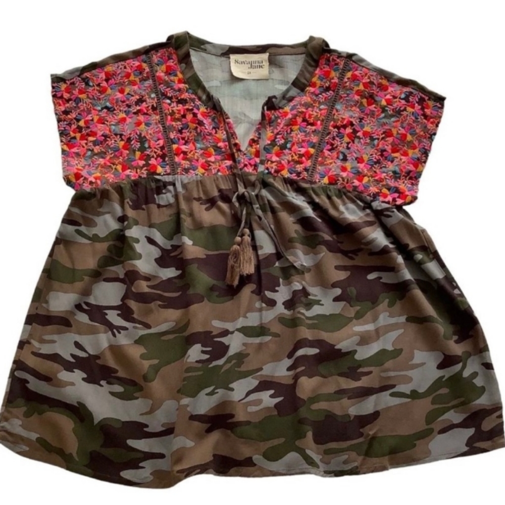 Savanna Jane Camo Embroidered Babydoll Top size 2X